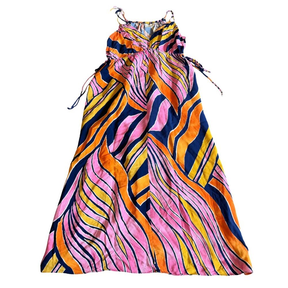 Maeve Anthropologie Pink Colorful Maxi Dress Spaghetti Strap Retro Print Sz 14